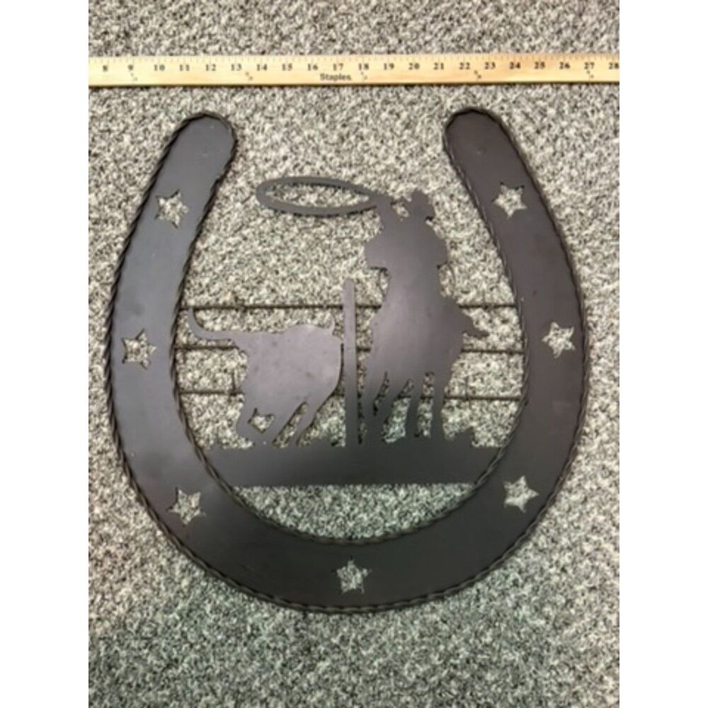Large Metal horse with roper in center with barbed wire fence wall decor